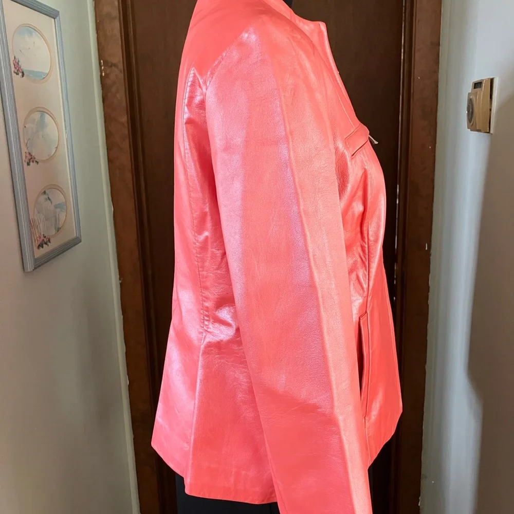 Alfani Genuine Leather Fully Lined Zip Front Jacket in Shimmery Peach Size Large - Picture 3 of 9